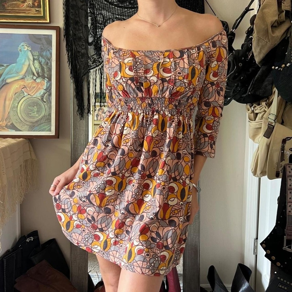 Chelsea and Violet 70s Vibe Boho Colorful Quarter Sleeve Mini Dress